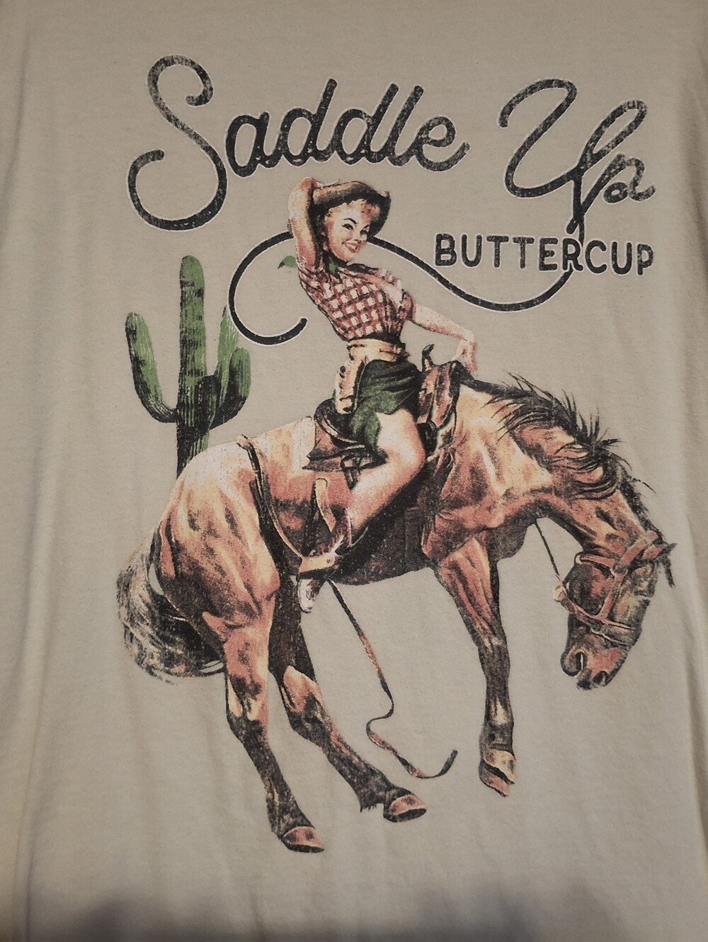 Saddle Up Buttercup Vintage Pinup Horse Graphic Tee - Cream & Green Accents